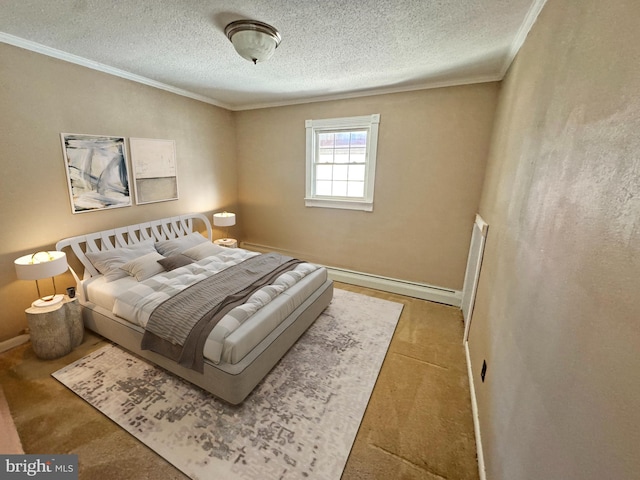 bedroom with a textured ceiling, ornamental molding, and baseboards