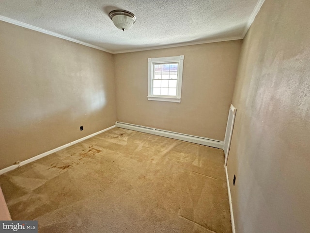 carpeted empty room featuring baseboards, a textured ceiling, a baseboard heating unit, and crown molding