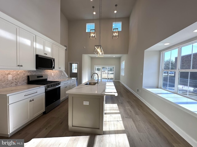 kitchen with a kitchen island with sink, wood finished floors, a sink, white cabinets, and appliances with stainless steel finishes