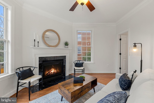 living area with baseboards, a premium fireplace, ornamental molding, and wood finished floors