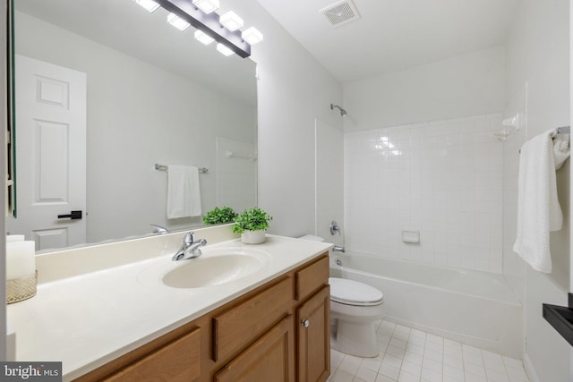 bathroom featuring visible vents, toilet, tile patterned flooring, vanity, and shower / bathing tub combination