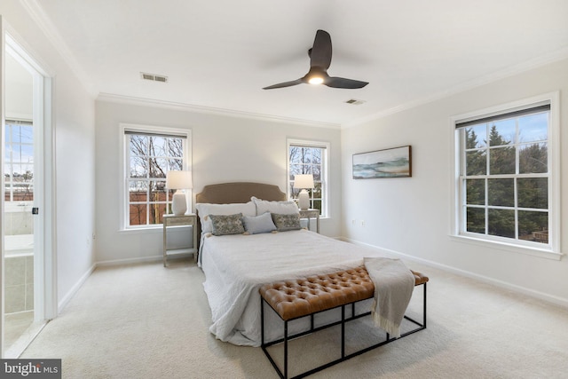 bedroom featuring light carpet, baseboards, visible vents, and crown molding