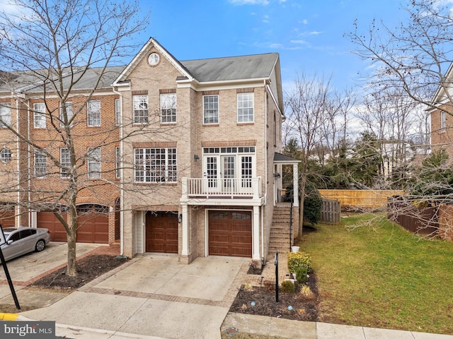 view of front of house featuring concrete driveway, brick siding, fence, and an attached garage