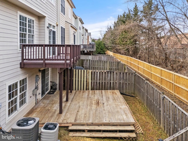 deck featuring central AC and a fenced backyard