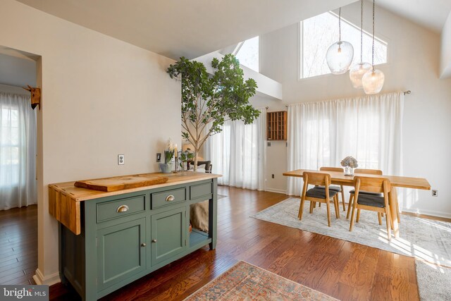 kitchen with baseboards, dark wood finished floors, hanging light fixtures, wood counters, and green cabinetry