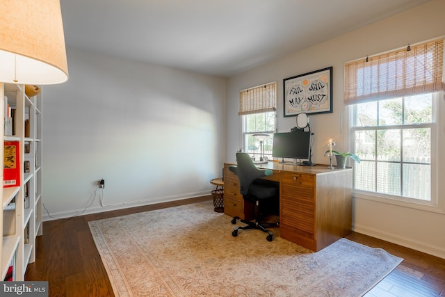 office with baseboards and wood finished floors