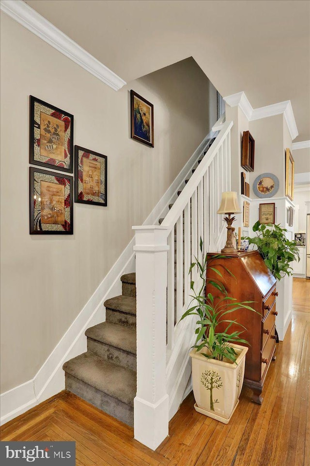 stairs with ornamental molding, baseboards, and hardwood / wood-style flooring