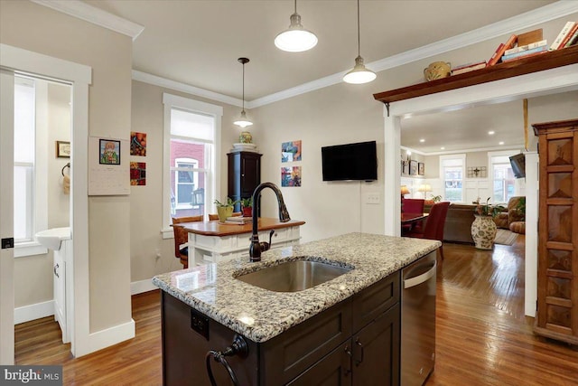 kitchen with dishwasher, a wealth of natural light, a sink, and wood finished floors