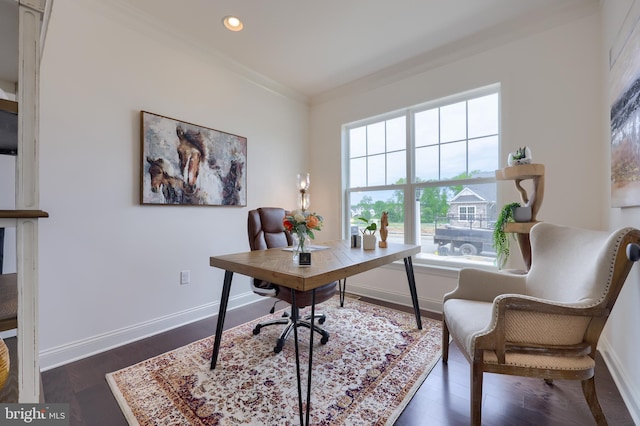 office with dark wood finished floors, crown molding, baseboards, and recessed lighting