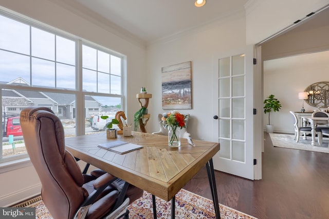 office space with dark wood-style floors, recessed lighting, and crown molding