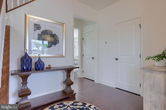 foyer entrance featuring baseboards and wood finished floors