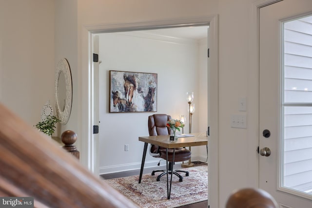 office with baseboards and wood finished floors