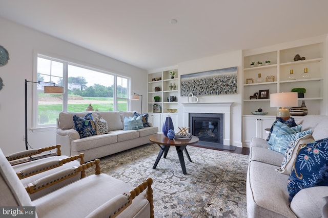 living area with built in features, a glass covered fireplace, and wood finished floors