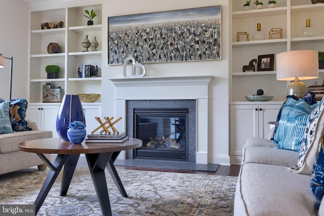 living area with wood finished floors, a glass covered fireplace, and built in features