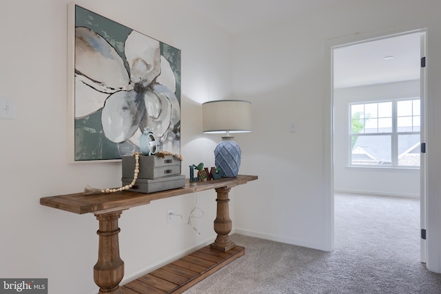 hallway featuring carpet floors and baseboards