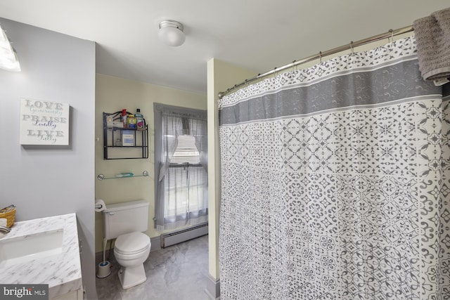 bathroom featuring toilet, a shower with curtain, a baseboard heating unit, and vanity