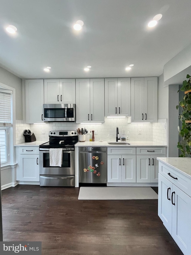 kitchen featuring light countertops, appliances with stainless steel finishes, a sink, and dark wood finished floors