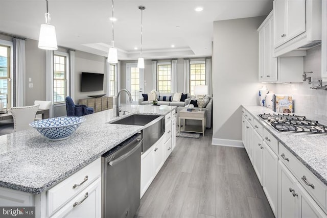 kitchen with open floor plan, appliances with stainless steel finishes, a sink, and a raised ceiling