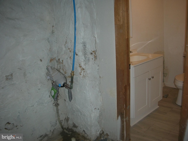 bathroom with vanity, toilet, and wood finished floors