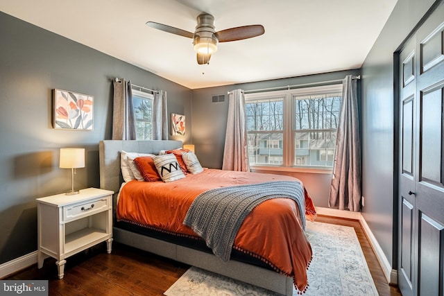 bedroom with visible vents, baseboards, and dark wood-style flooring