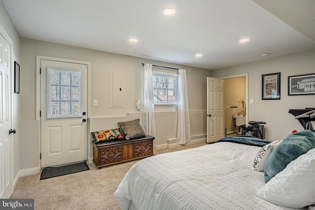 carpeted bedroom with recessed lighting and baseboards