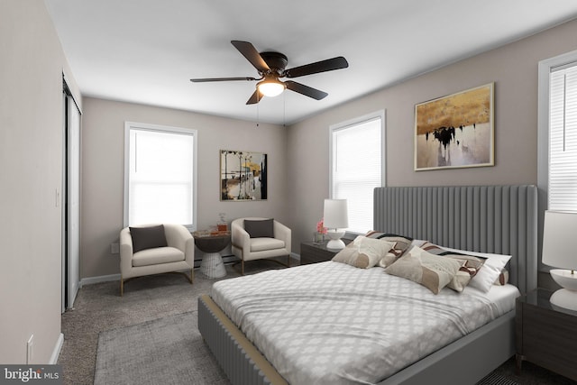 bedroom with carpet floors, a closet, ceiling fan, and baseboards