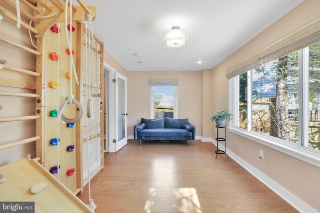 living area with baseboards and wood finished floors