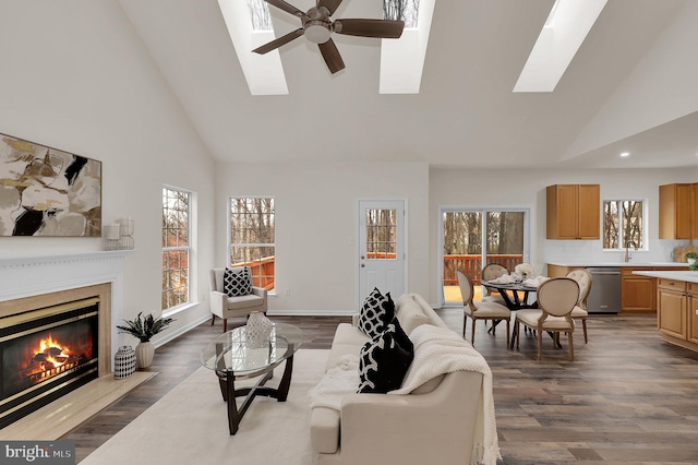 living room featuring a glass covered fireplace, a skylight, wood finished floors, and high vaulted ceiling