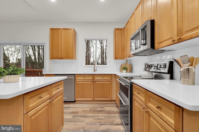 kitchen featuring a sink, light countertops, light wood-style floors, appliances with stainless steel finishes, and tasteful backsplash