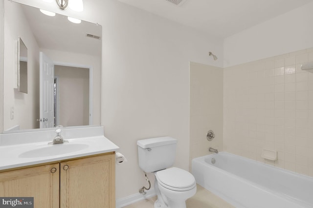 full bath with visible vents, toilet, baseboards, bathtub / shower combination, and vanity