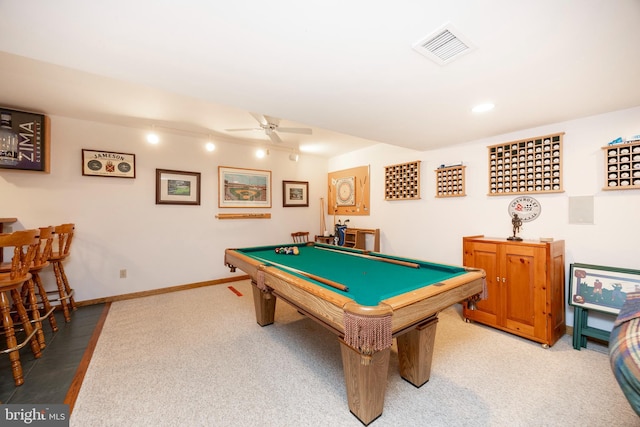 rec room with visible vents, billiards, baseboards, light colored carpet, and ceiling fan