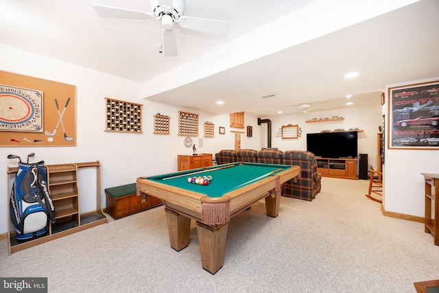 rec room featuring pool table, baseboards, ceiling fan, carpet flooring, and recessed lighting