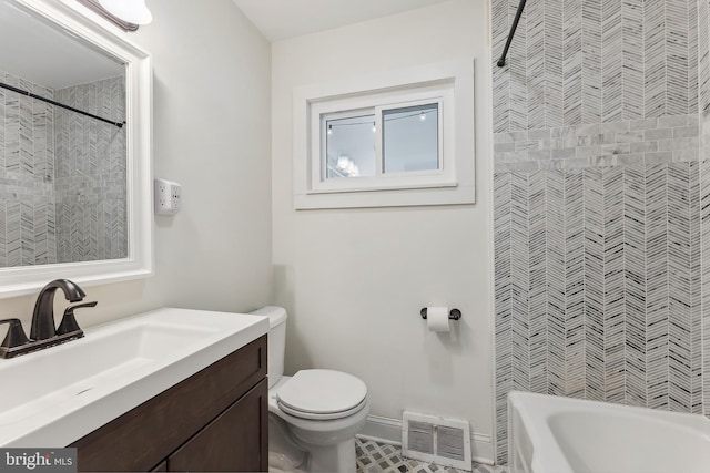 bathroom with a shower, visible vents, toilet, and a bathing tub