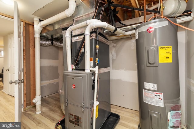 utility room featuring heating unit and water heater