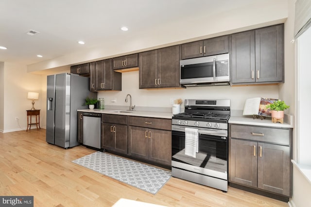 kitchen featuring light wood finished floors, stainless steel appliances, light countertops, and a sink