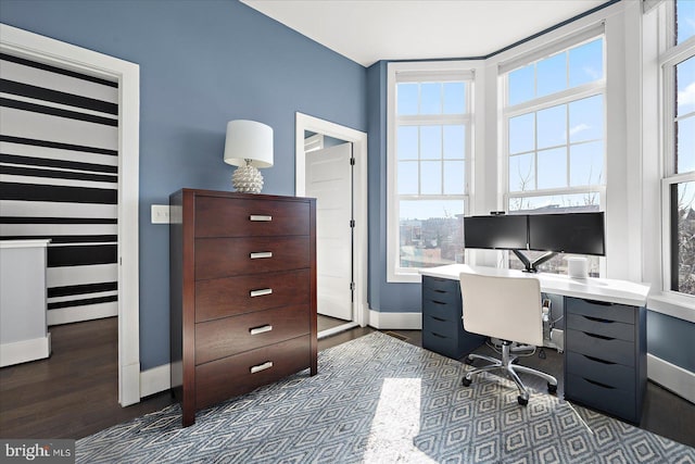 home office featuring dark wood finished floors and baseboards