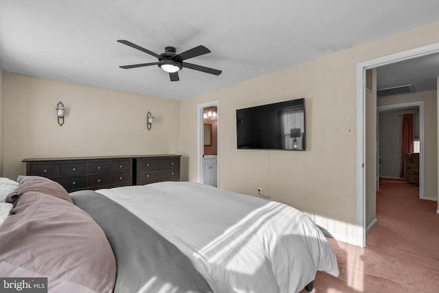 carpeted bedroom featuring a ceiling fan and baseboards