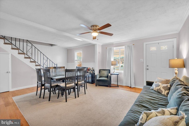 dining room with ceiling fan, a textured ceiling, wood finished floors, stairs, and crown molding