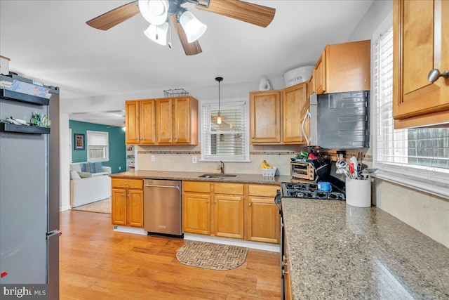 kitchen featuring stainless steel appliances, a wealth of natural light, a sink, and light wood finished floors