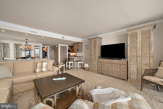 living area featuring visible vents, recessed lighting, crown molding, light colored carpet, and a chandelier