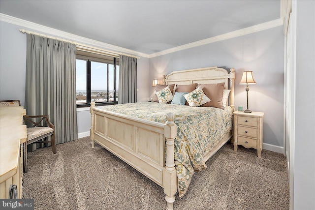 bedroom with carpet flooring, baseboards, and ornamental molding