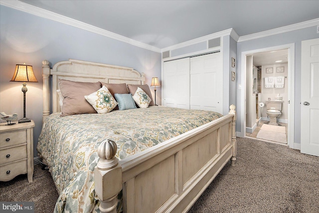 bedroom featuring crown molding, baseboards, a closet, and dark carpet