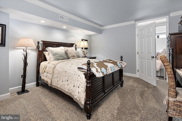 bedroom featuring baseboards, visible vents, carpet floors, recessed lighting, and ornamental molding