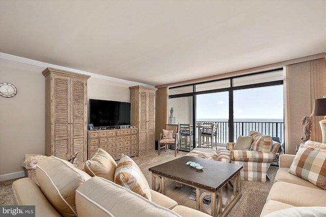 carpeted living room featuring crown molding and baseboards