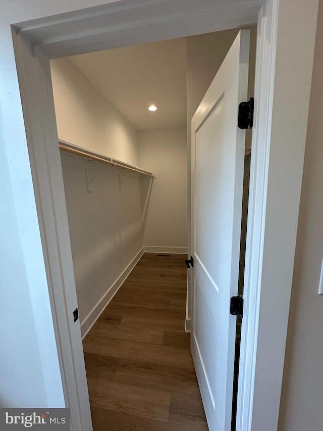 walk in closet featuring dark wood-style floors