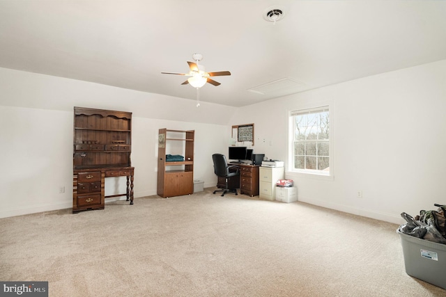 home office with attic access, visible vents, baseboards, a ceiling fan, and carpet