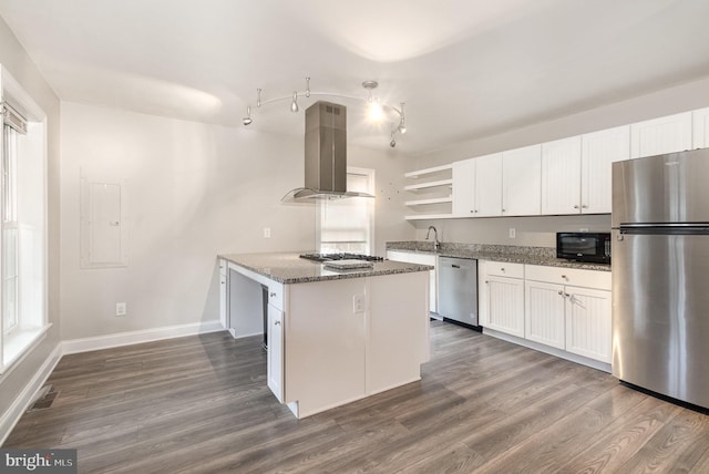 kitchen with white cabinets, dark wood-style flooring, island exhaust hood, stainless steel appliances, and open shelves