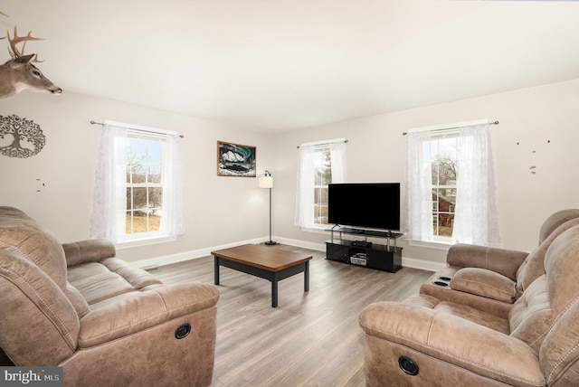 living area featuring wood finished floors and baseboards