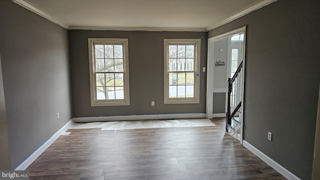 foyer entrance with a healthy amount of sunlight, dark wood-style floors, and ornamental molding