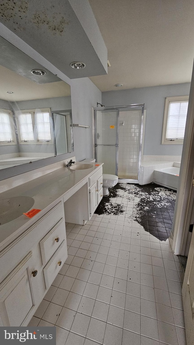 bathroom featuring a sink, a stall shower, double vanity, and a bath